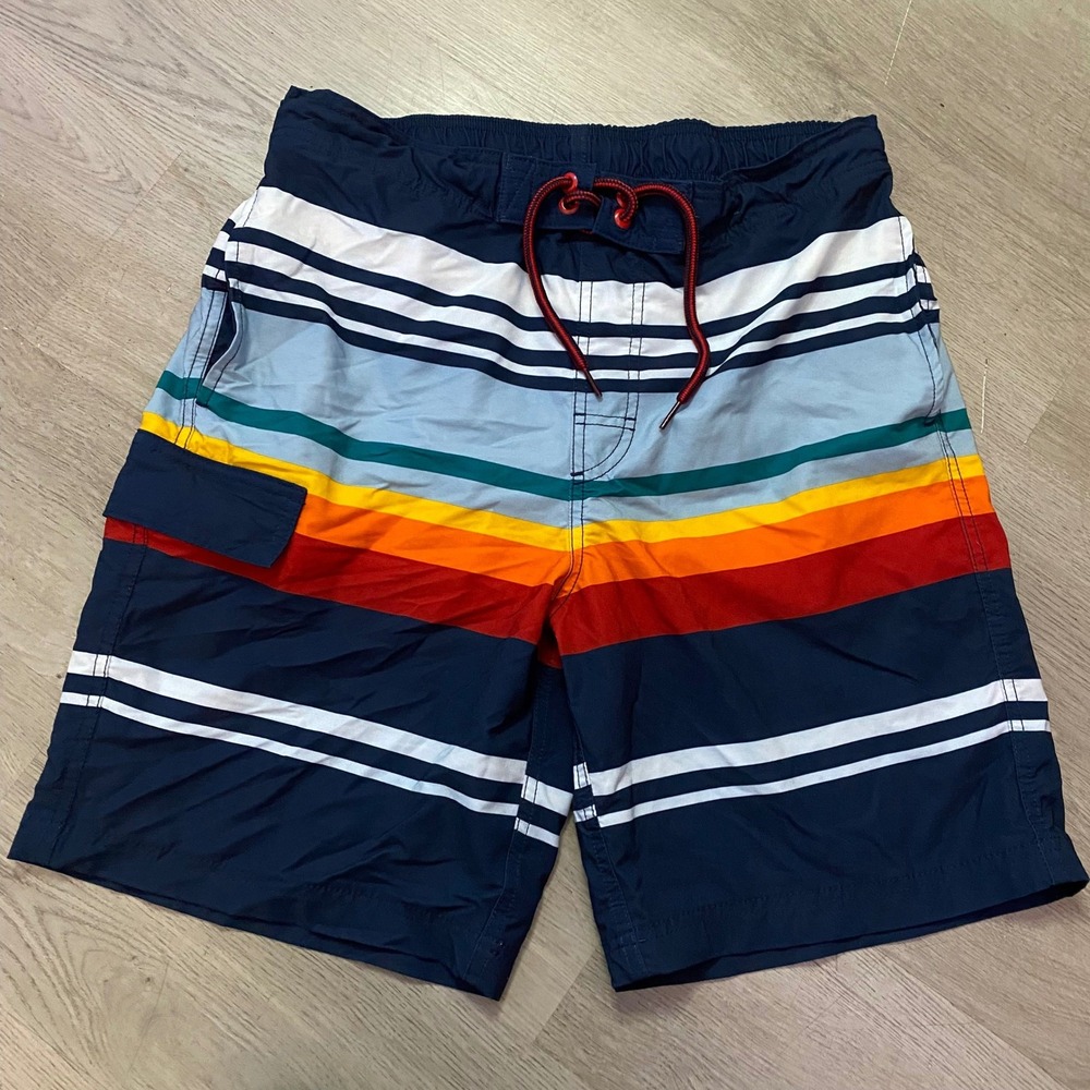 George Swim Trunks Mens Medium Navy Multi Color Striped‎ Cargo Board Shorts